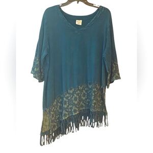 Sea Breeze of Ca Sz S Teal Asymmetrical Fringe Lacey Cotton Boho Beachy Tunic